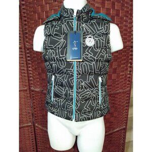 NWT Women's Down Puffer Vest Size XS 85 Hood All Over Print Letters